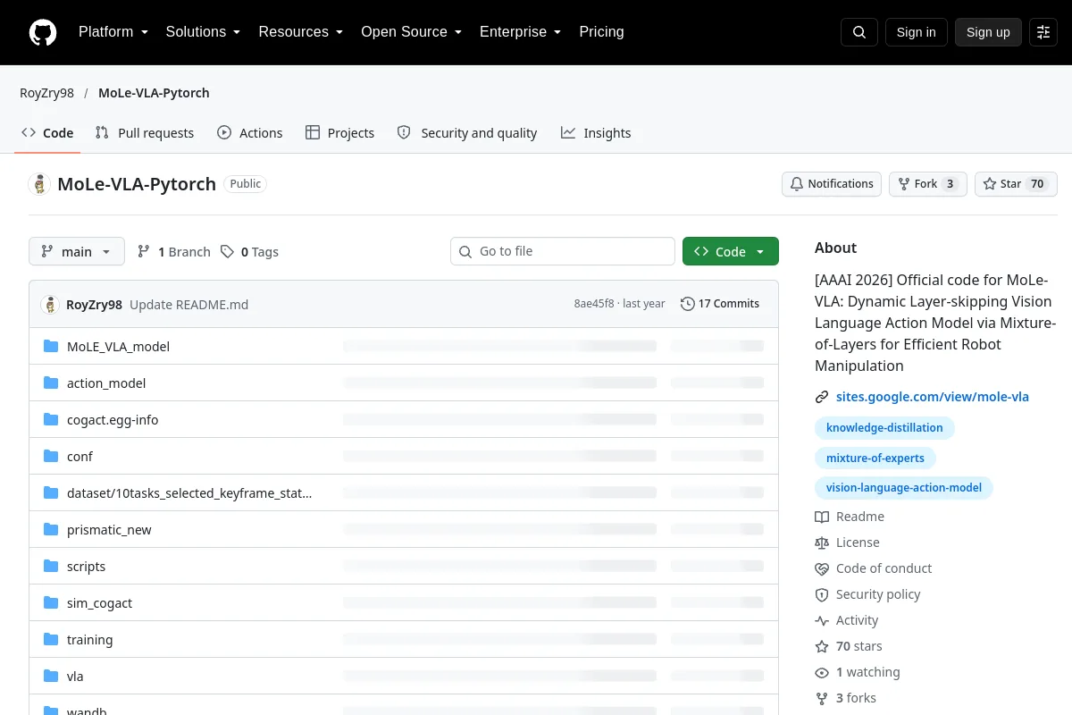 MoLe-VLA-Pytorch · RoyZry98 website or repository screenshot