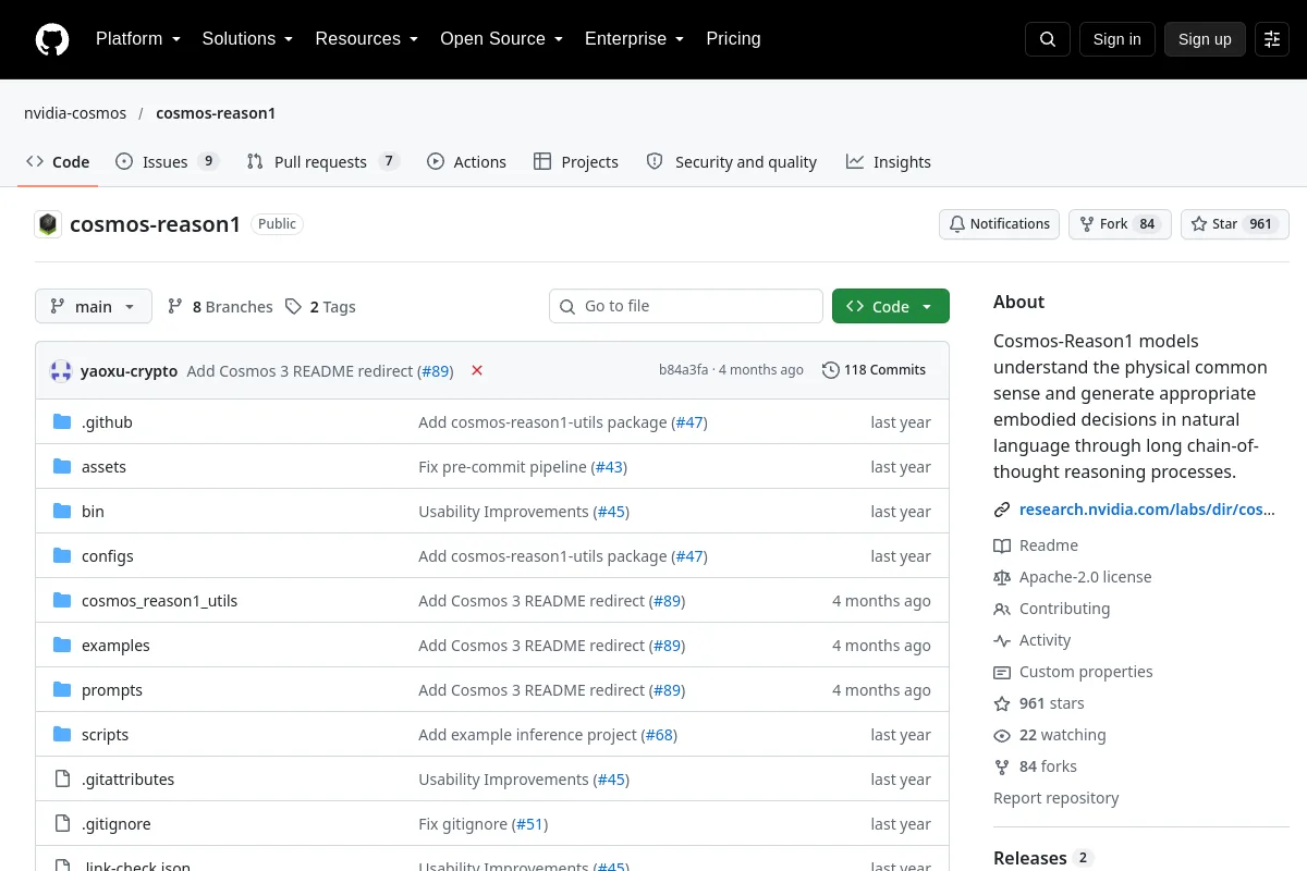 cosmos reason1 · nvidia-cosmos resource page screenshot
