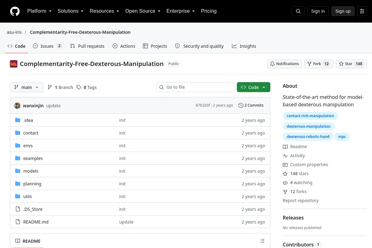 Complementarity-Free-Dexterous-Manipulation · asu-iris website or repository screenshot