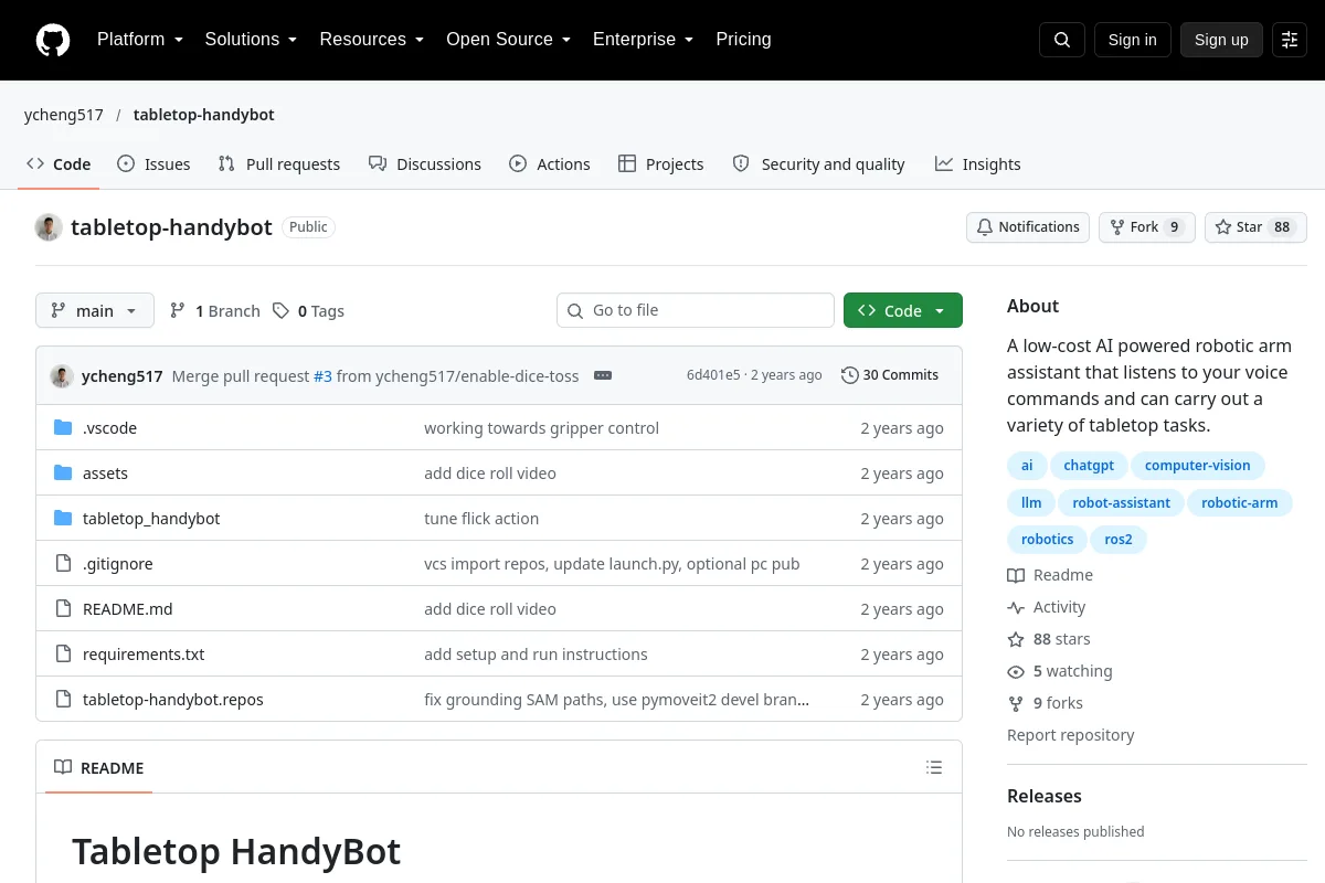 tabletop handybot · ycheng517 website or repository screenshot