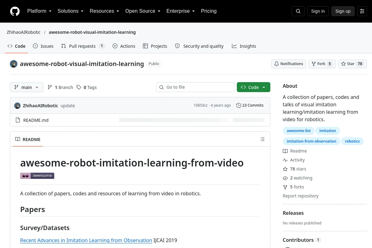 awesome-robot-visual-imitation-learning · ZhihaoAIRobotic resource page screenshot