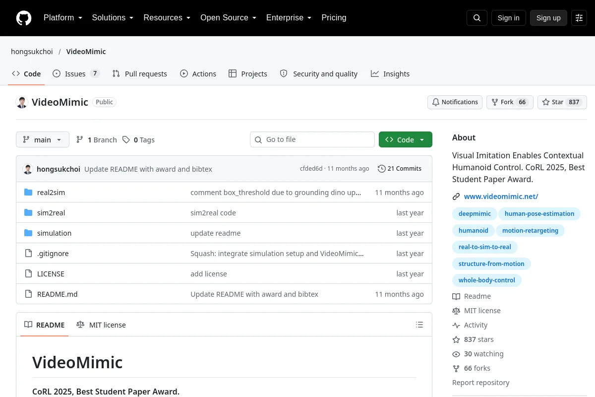 VideoMimic · hongsukchoi website or repository screenshot
