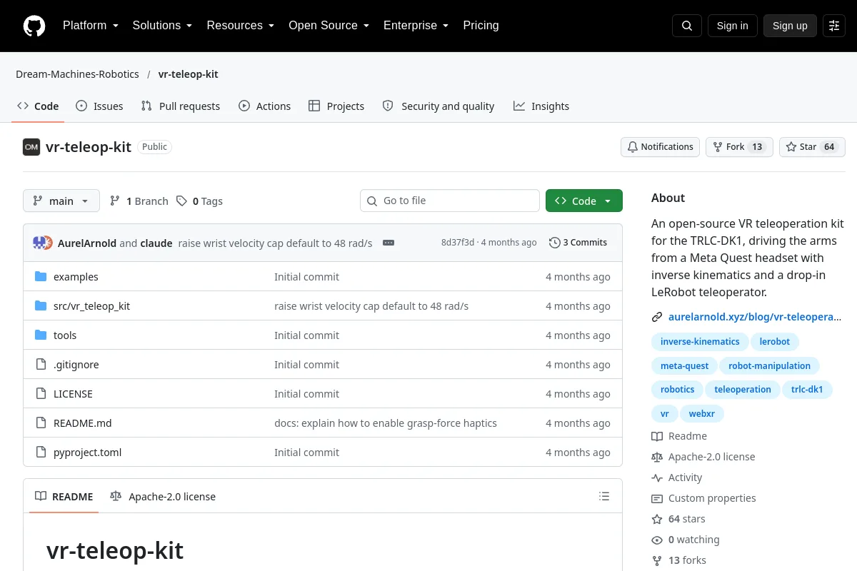 vr-teleop-kit · Dream-Machines-Robotics resource page screenshot