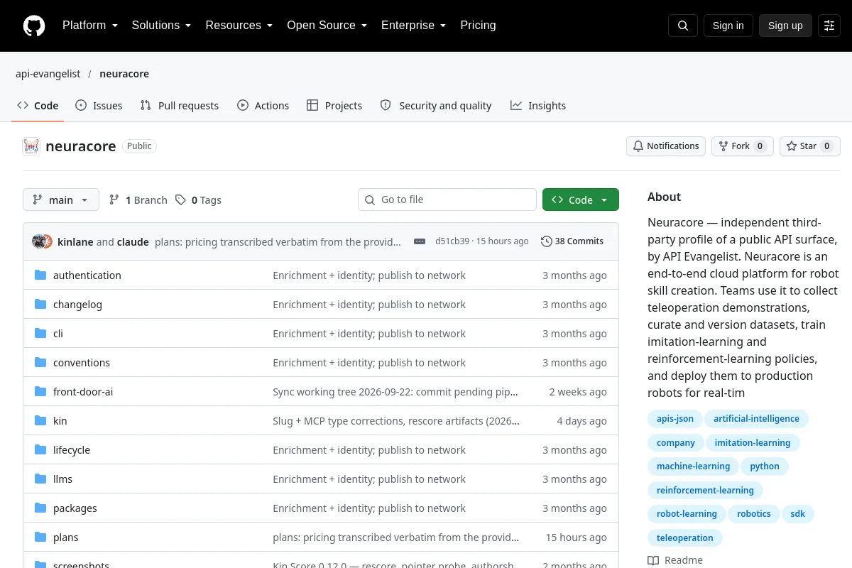 neuracore · api-evangelist resource page screenshot