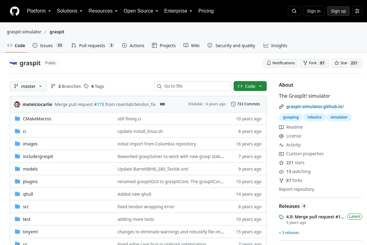graspit · graspit-simulator website or repository screenshot