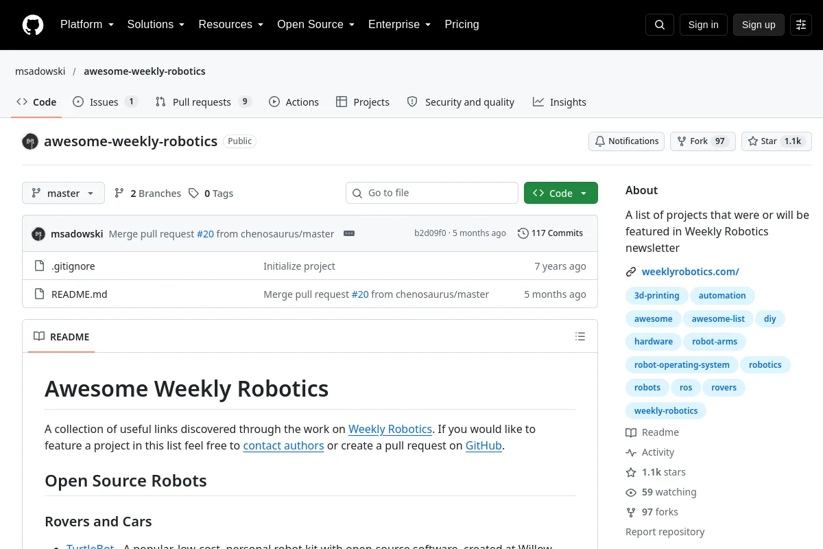awesome weekly robotics · msadowski website or repository screenshot