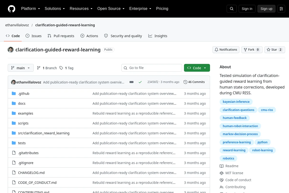 clarification guided reward learning · ethanvillalovoz website or repository screenshot