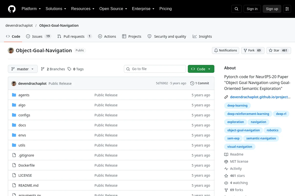 Object Goal Navigation · devendrachaplot resource page screenshot
