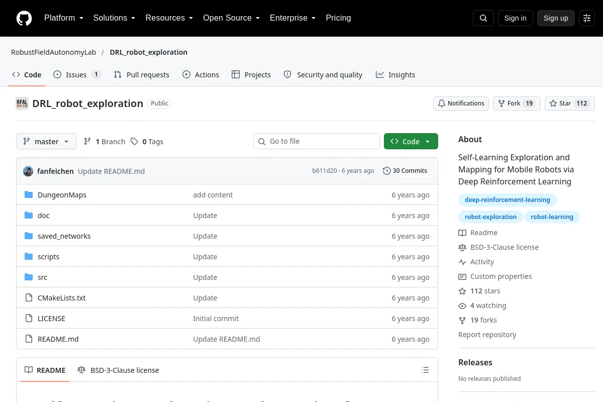 DRL_robot_exploration · RobustFieldAutonomyLab resource page screenshot