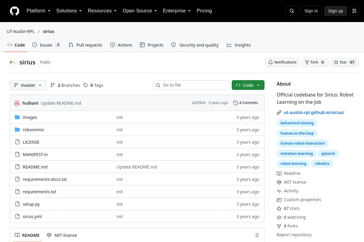 sirius · UT-Austin-RPL website or repository screenshot