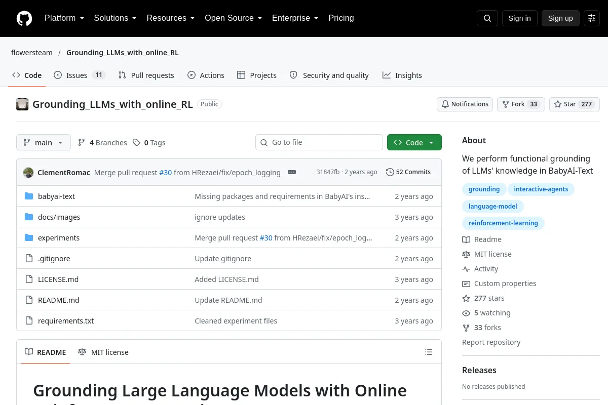 Grounding LLMs with online RL · flowersteam resource page screenshot