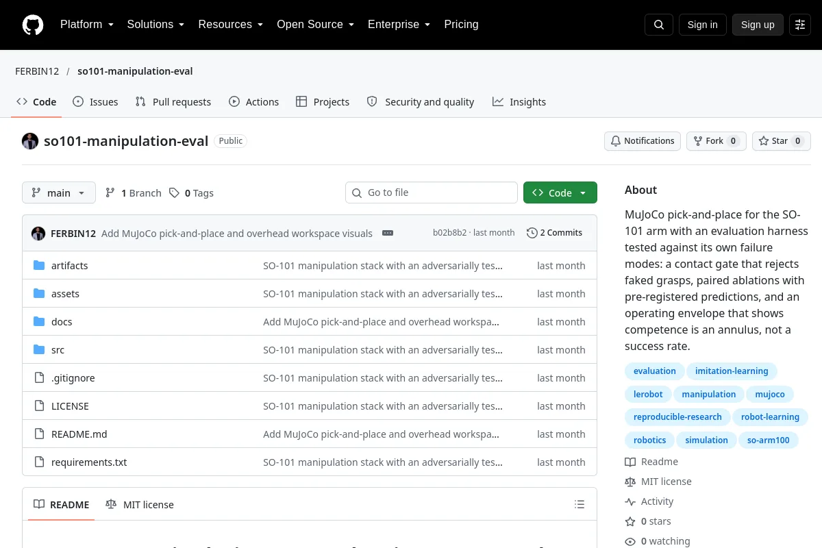 so101 manipulation eval · FERBIN12 resource page screenshot