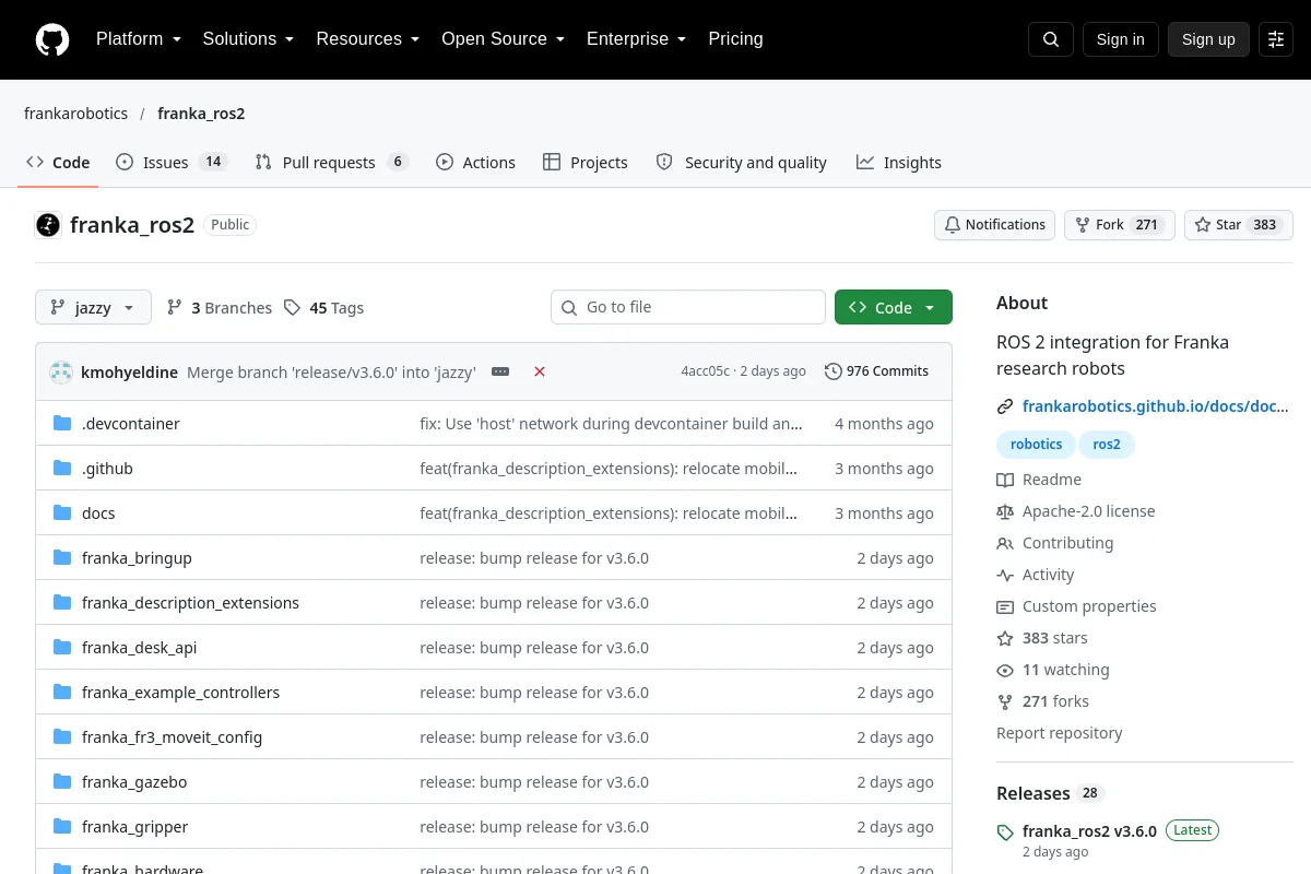 franka ros2 · frankarobotics resource page screenshot