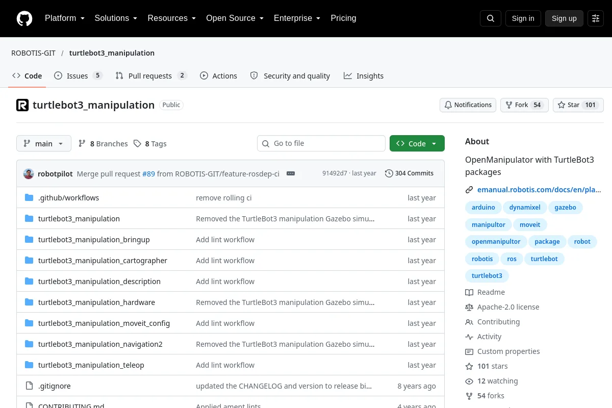 turtlebot3_manipulation · ROBOTIS-GIT website or repository screenshot