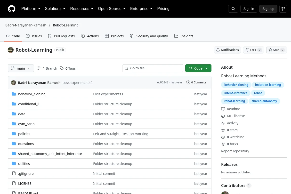 Robot Learning · Badri-Narayanan-Ramesh resource page screenshot