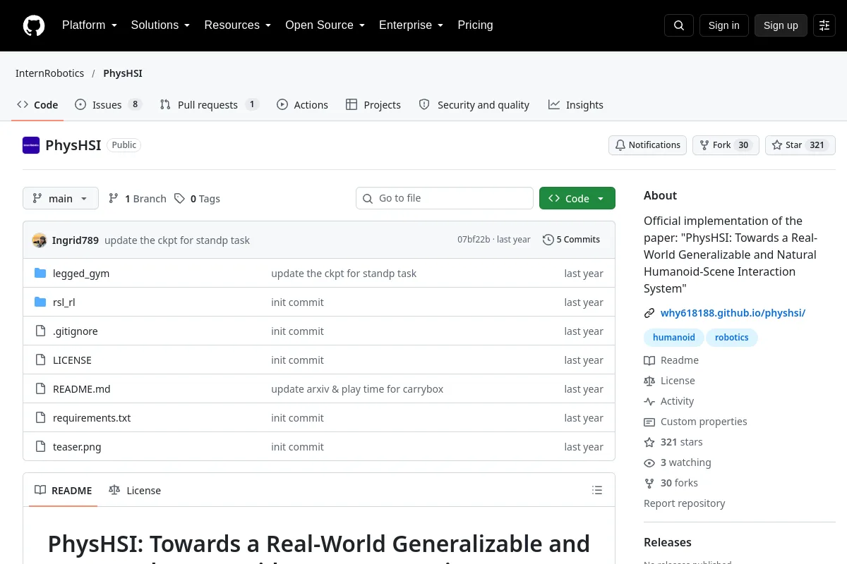 PhysHSI · InternRobotics website or repository screenshot