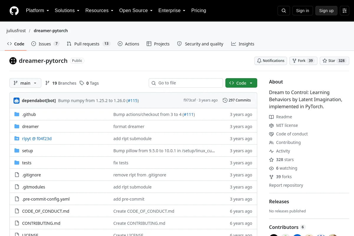 dreamer-pytorch · juliusfrost resource page screenshot