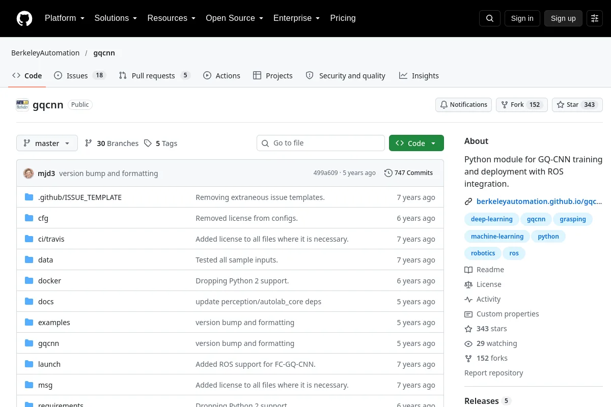 gqcnn · BerkeleyAutomation resource page screenshot