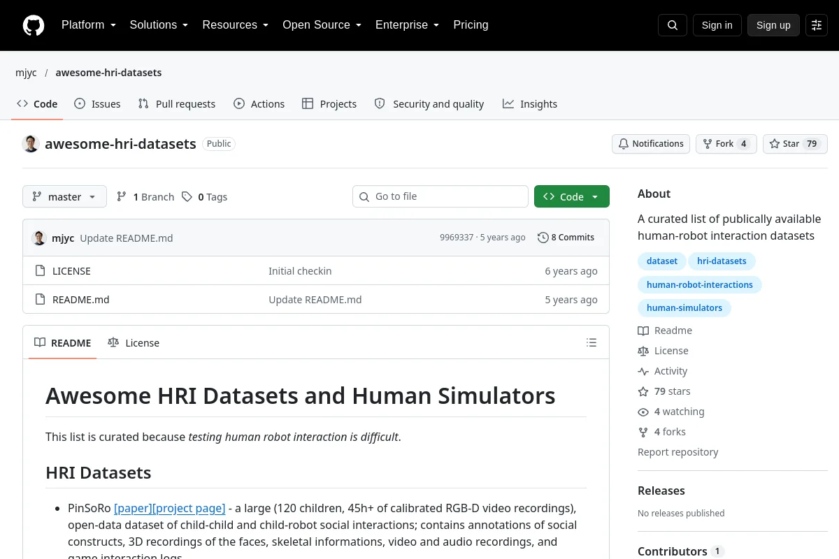 awesome hri datasets · mjyc resource page screenshot