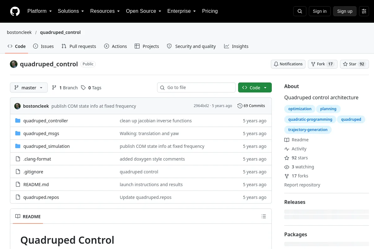 quadruped_control · bostoncleek resource page screenshot