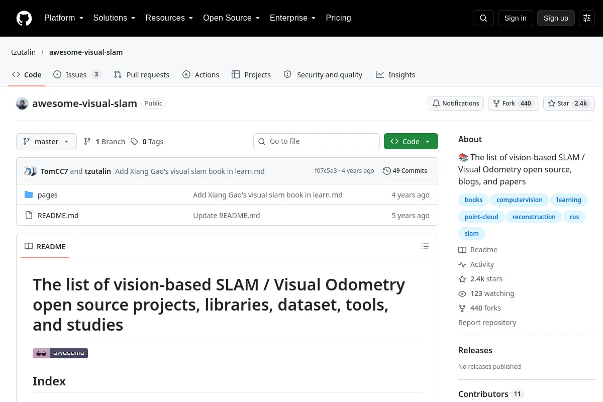 awesome-visual-slam · tzutalin website or repository screenshot