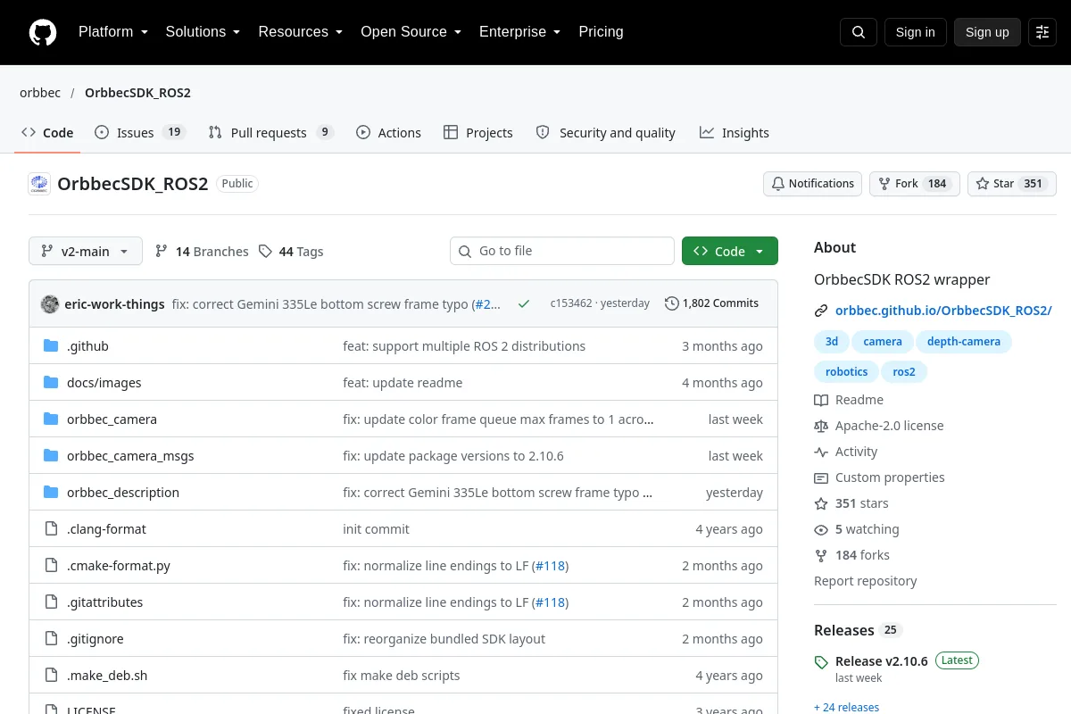 OrbbecSDK_ROS2 · orbbec website or repository screenshot