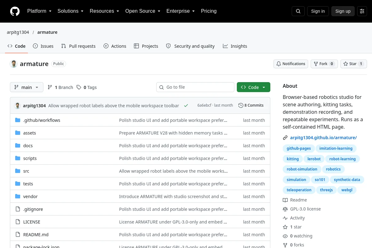 armature · arpitg1304 website or repository screenshot