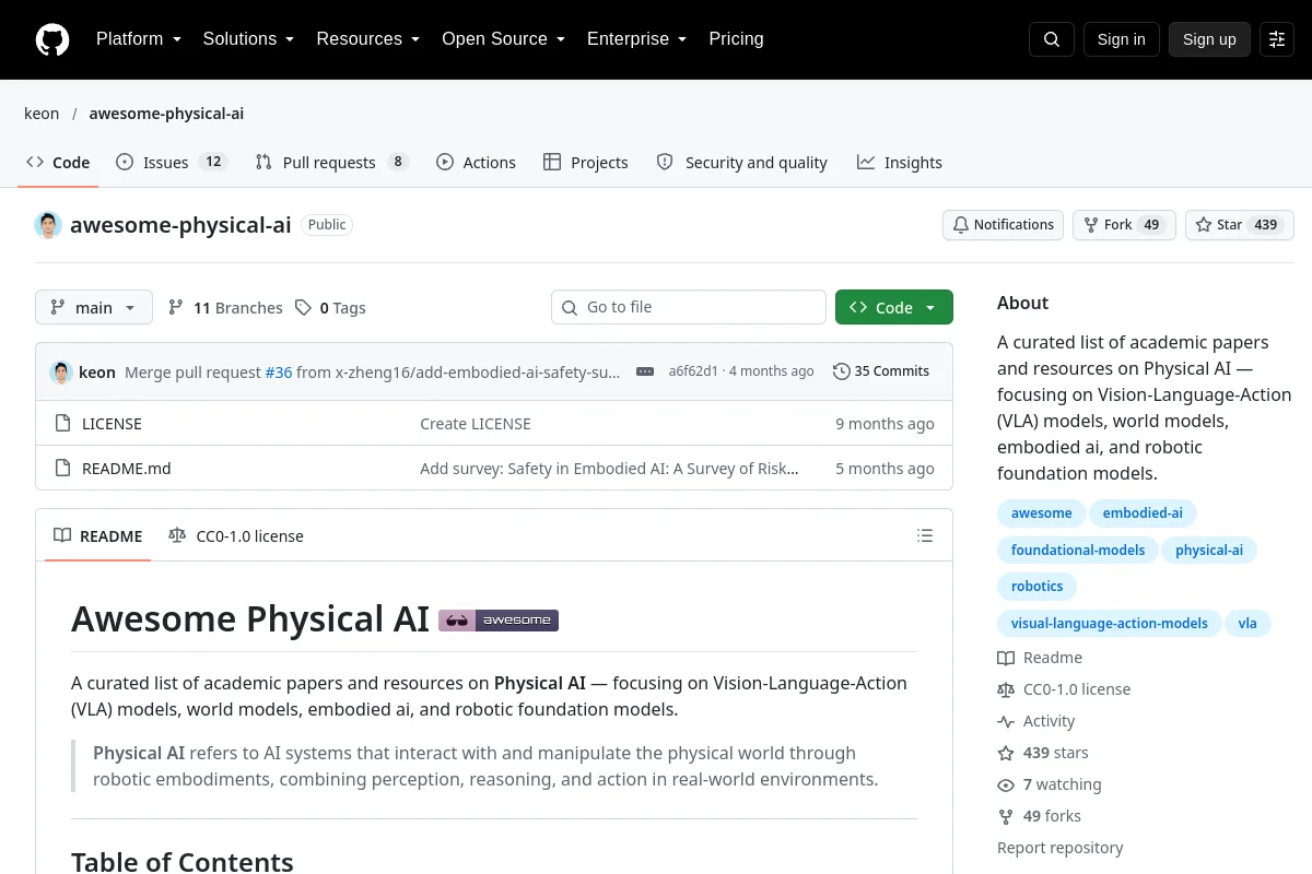 awesome physical ai · keon website or repository screenshot