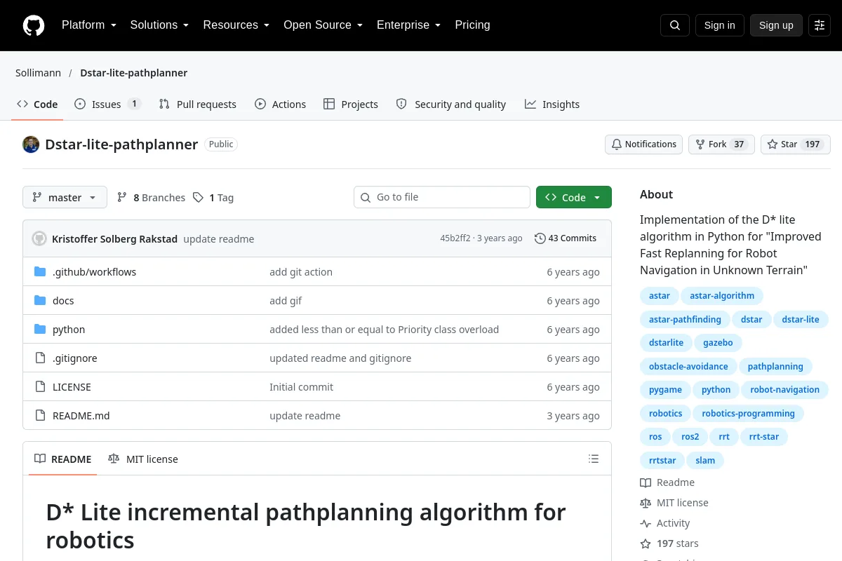 Dstar-lite-pathplanner · Sollimann website or repository screenshot