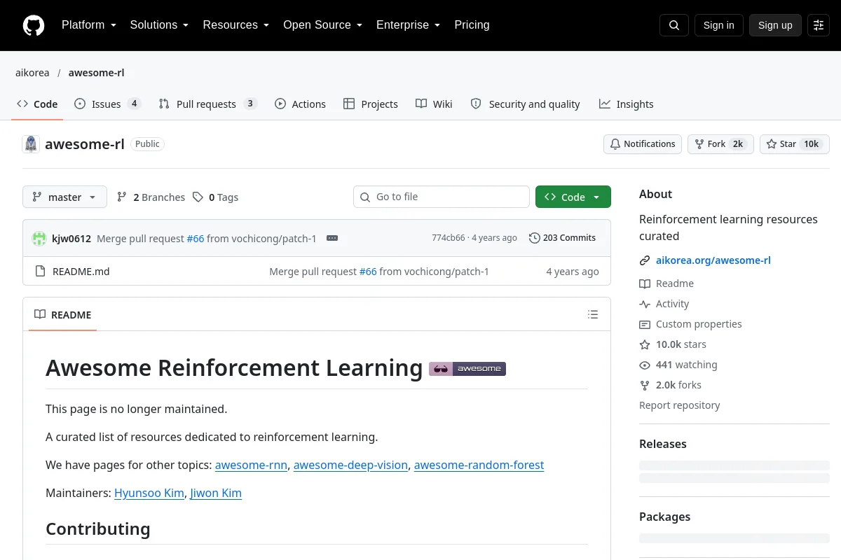 awesome rl · aikorea website or repository screenshot