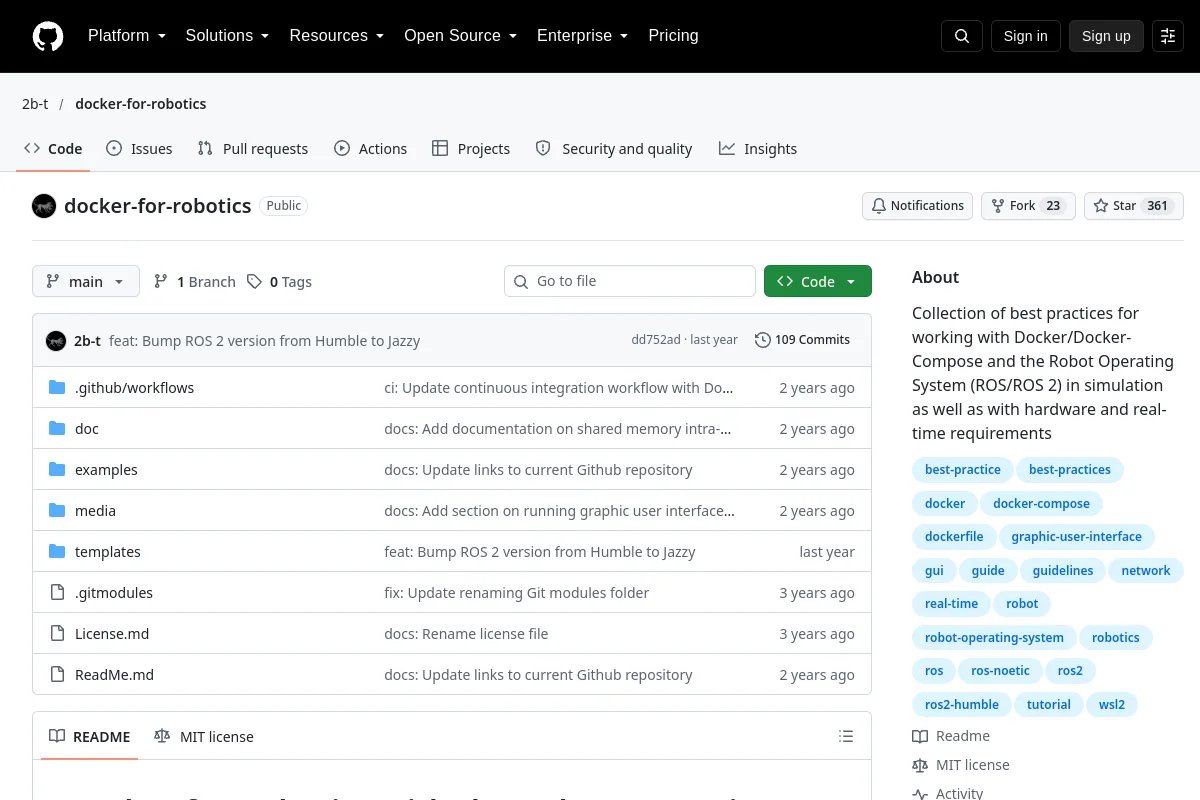 docker for robotics · 2b-t website or repository screenshot