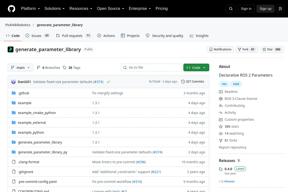 generate_parameter_library · PickNikRobotics website or repository screenshot
