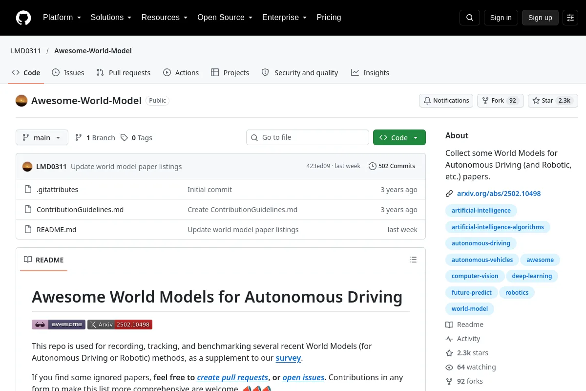 Awesome-World-Model · LMD0311 website or repository screenshot