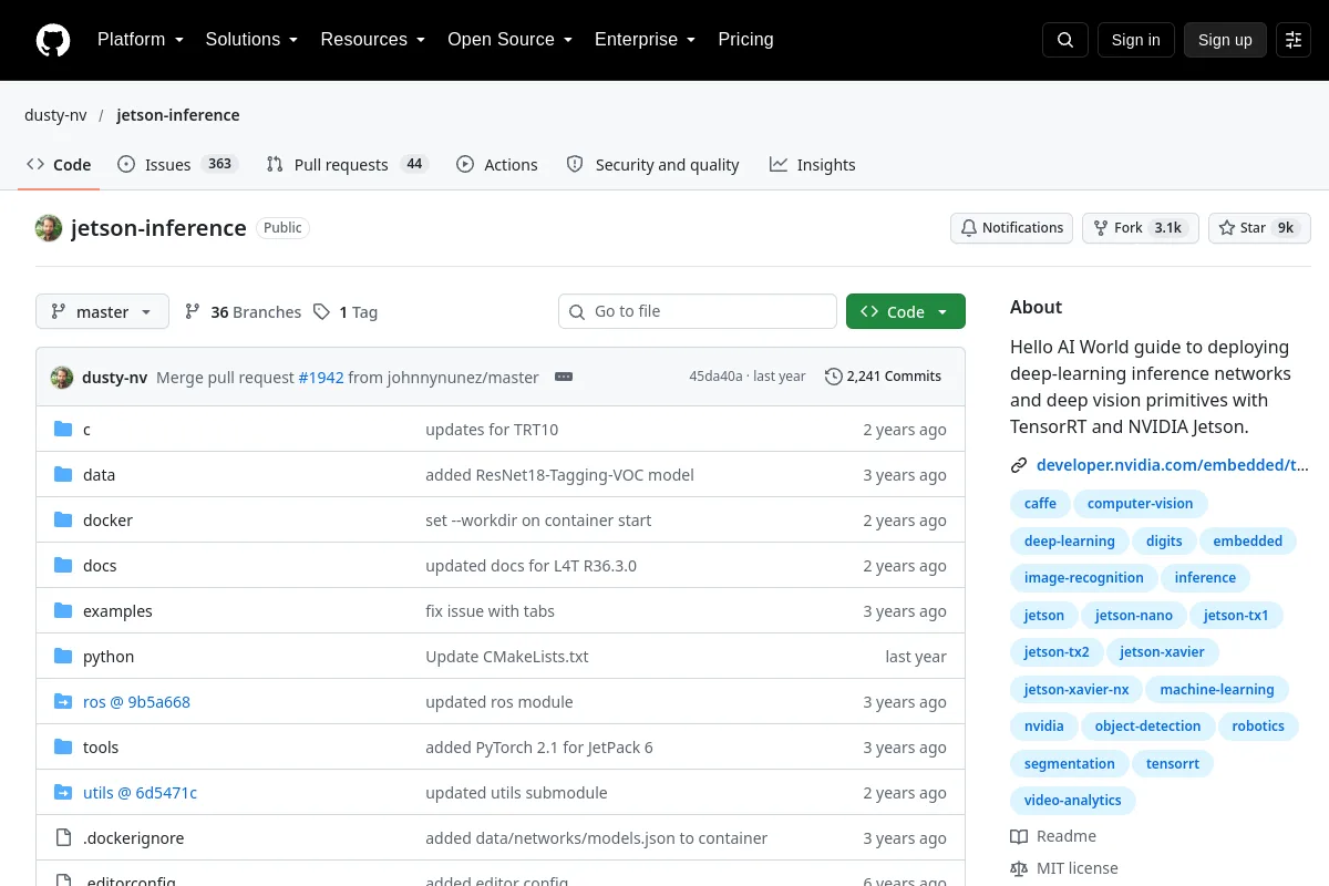 jetson inference · dusty-nv website or repository screenshot