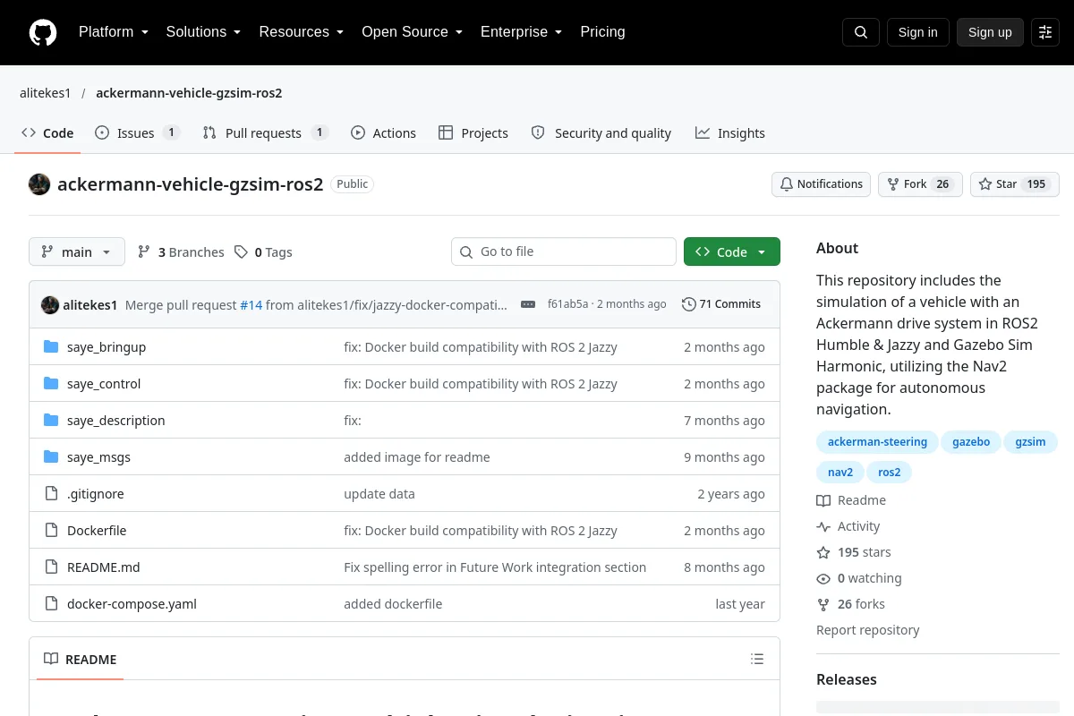 ackermann-vehicle-gzsim-ros2 · alitekes1 website or repository screenshot
