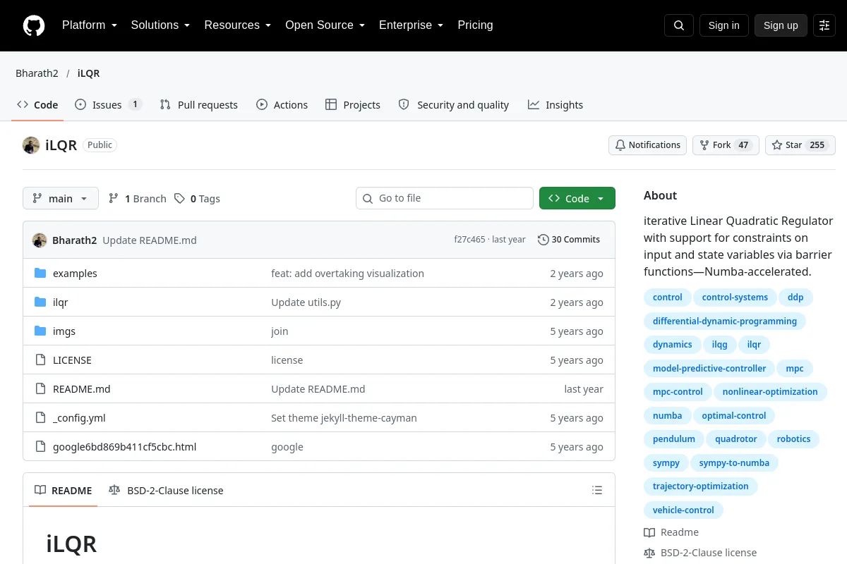 iLQR · Bharath2 resource page screenshot