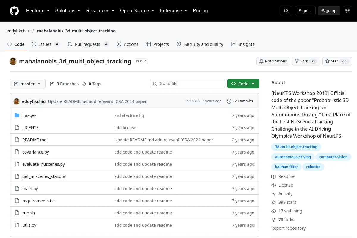 mahalanobis 3d multi object tracking · eddyhkchiu resource page screenshot