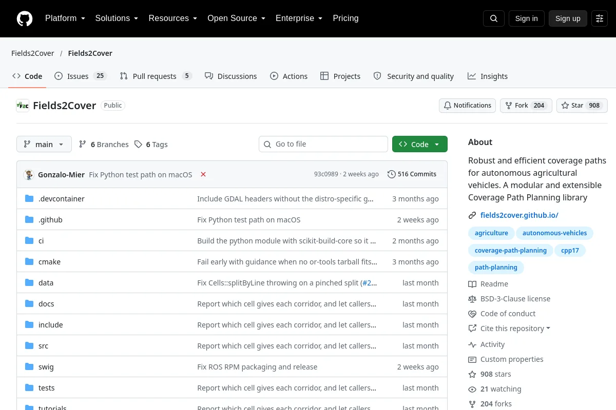 Fields2Cover · Fields2Cover website or repository screenshot