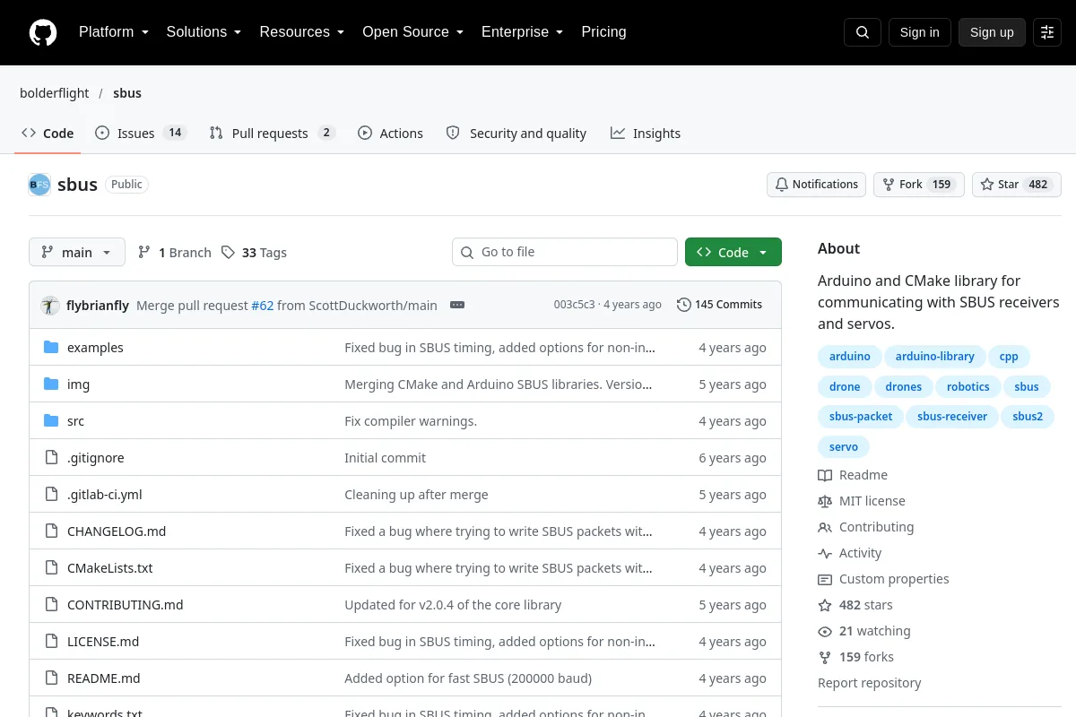 sbus · bolderflight resource page screenshot