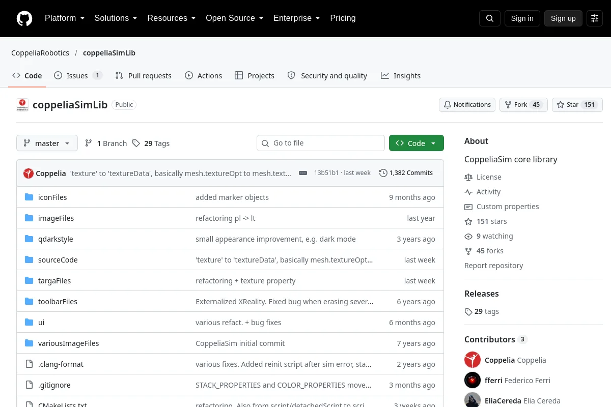 coppeliaSimLib · CoppeliaRobotics resource page screenshot