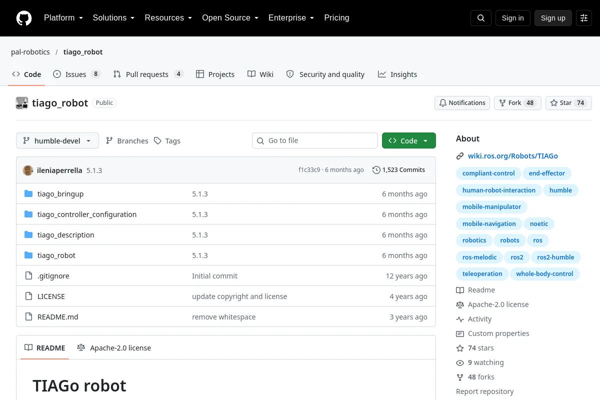tiago_robot · pal-robotics website or repository screenshot