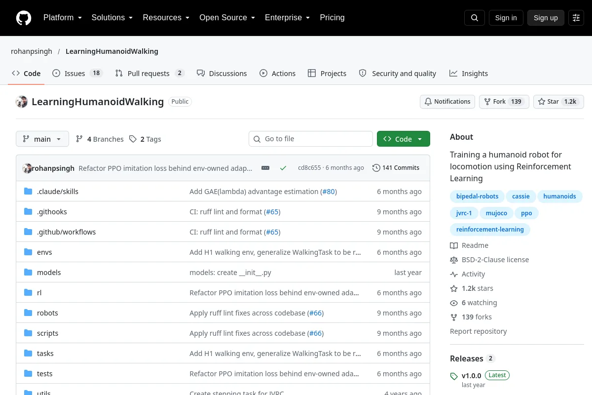 LearningHumanoidWalking · rohanpsingh resource page screenshot