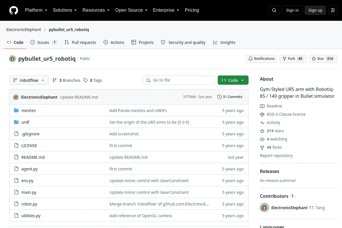 pybullet_ur5_robotiq · ElectronicElephant website or repository screenshot