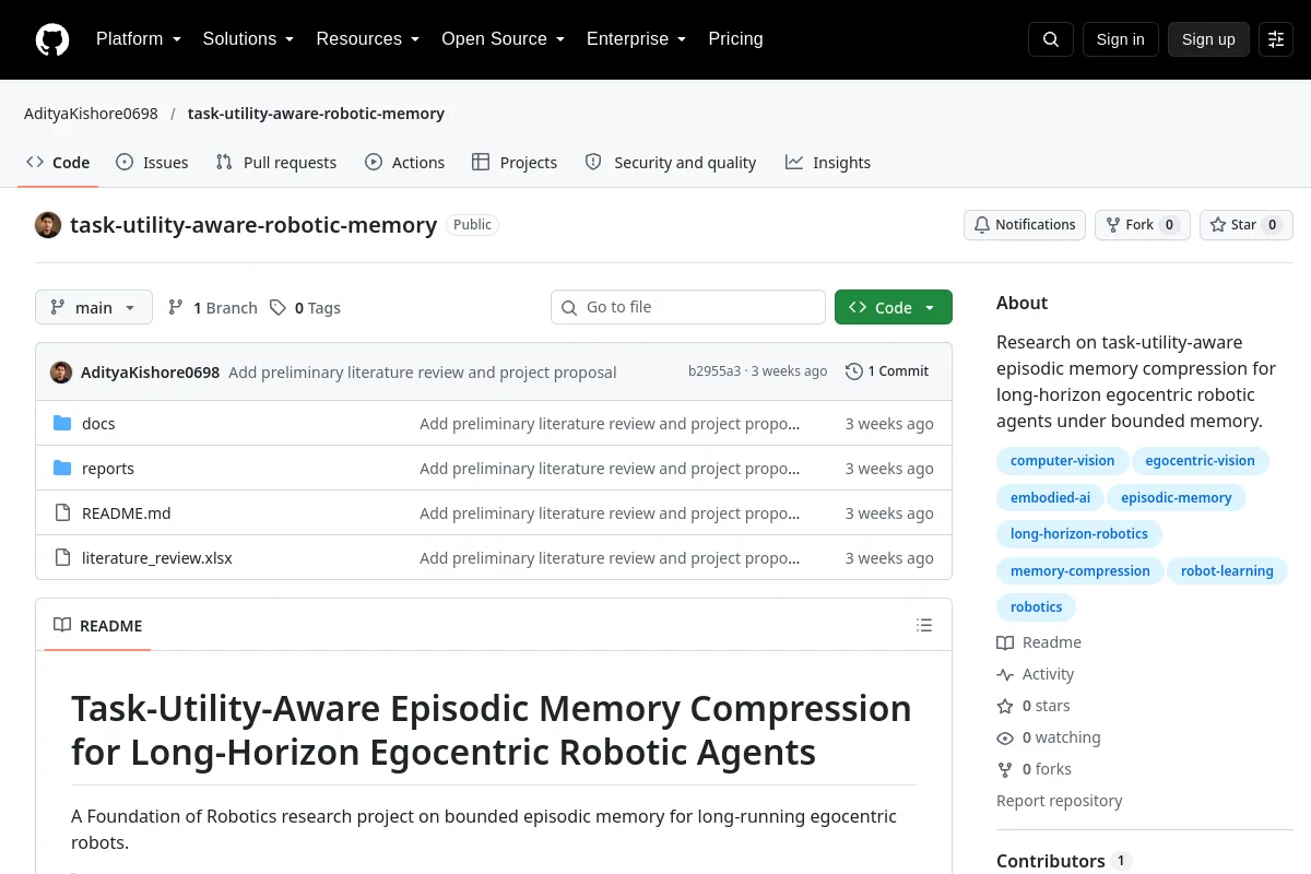 task utility aware robotic memory · AdityaKishore0698 website or repository screenshot