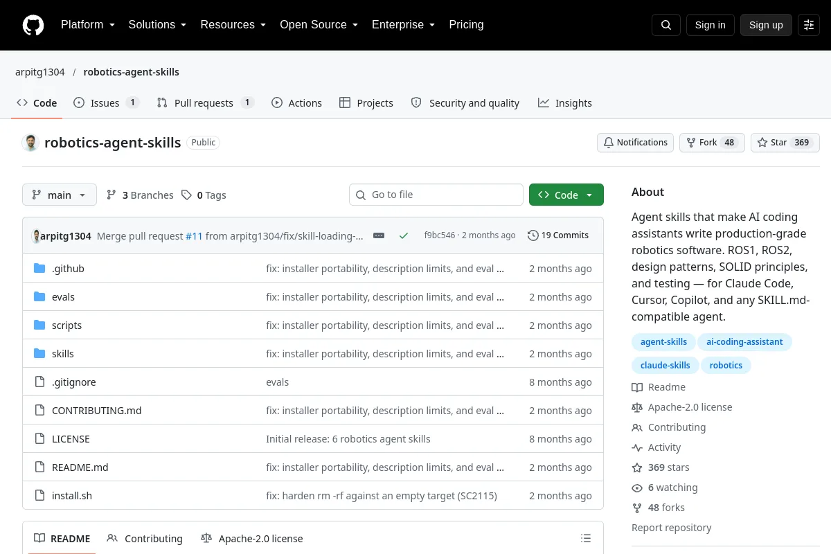 robotics agent skills · arpitg1304 resource page screenshot