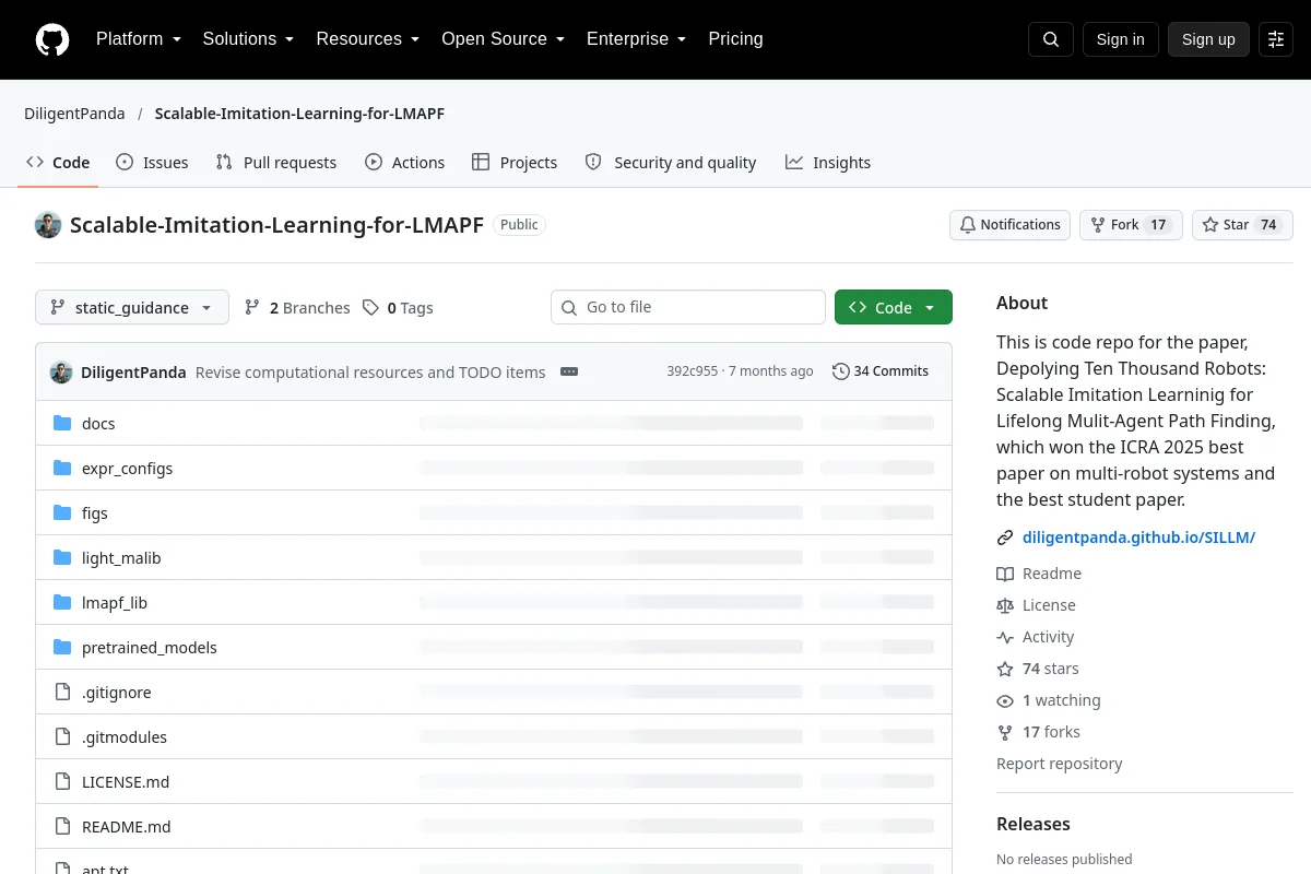 Scalable-Imitation-Learning-for-LMAPF · DiligentPanda website or repository screenshot