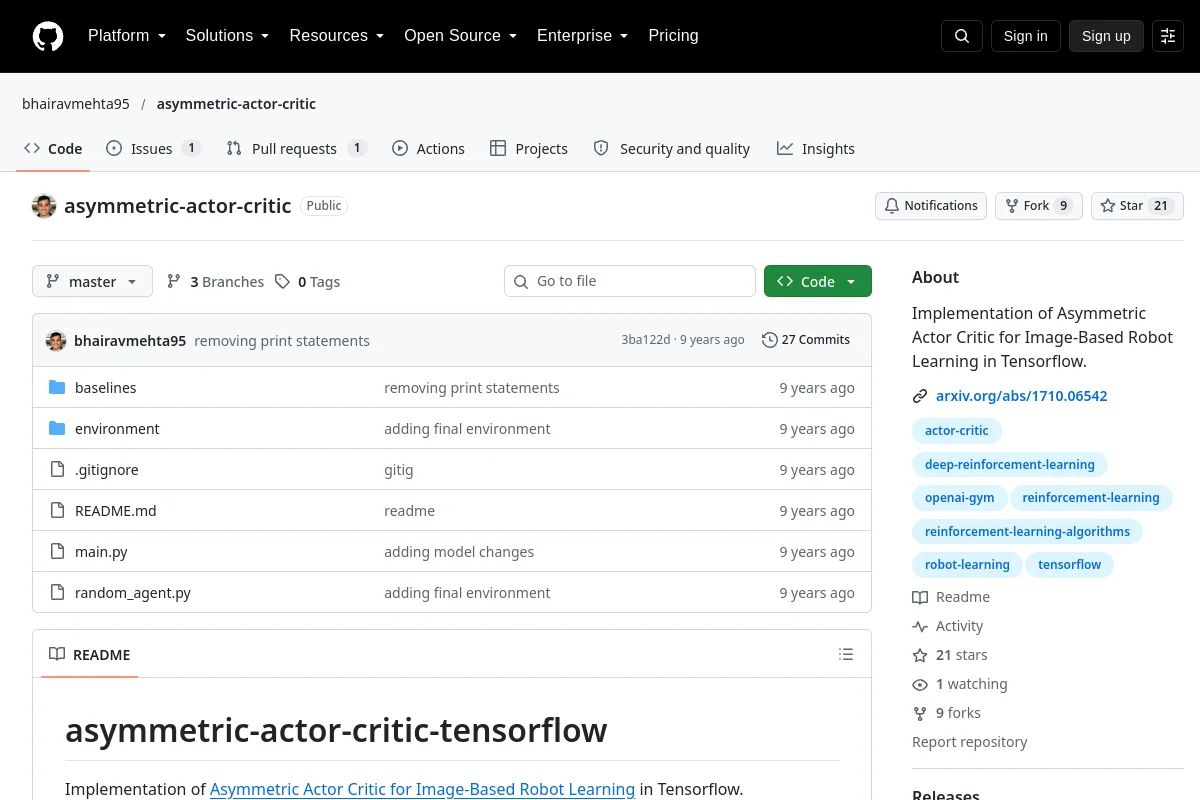 asymmetric actor critic · bhairavmehta95 website or repository screenshot