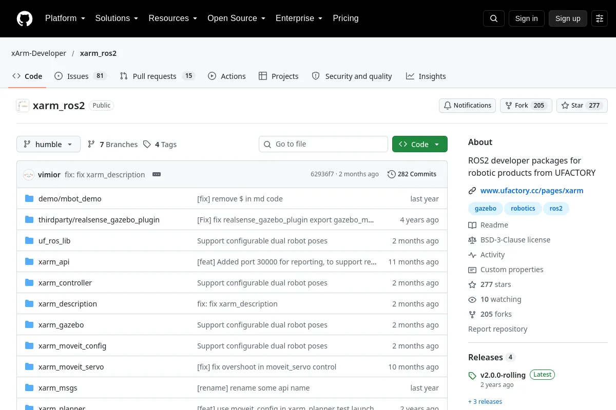 xarm ros2 · xArm-Developer website or repository screenshot