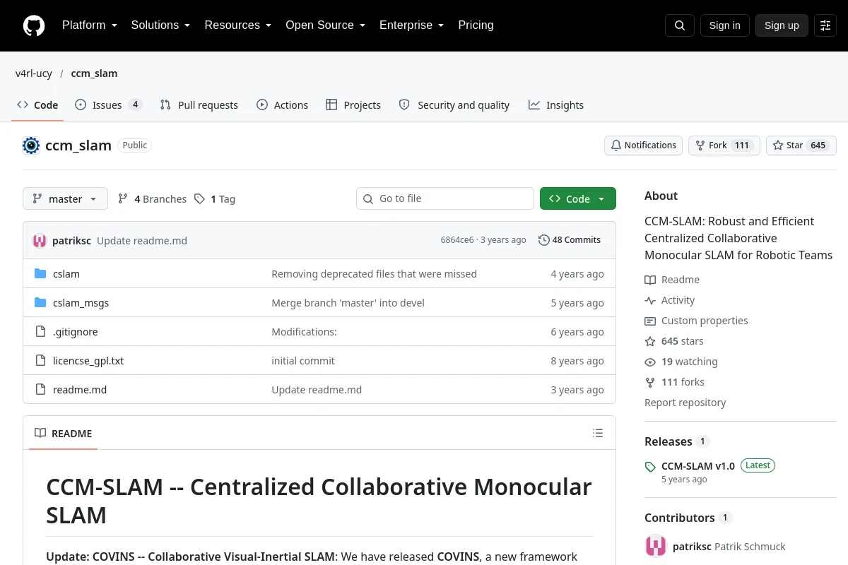ccm_slam · v4rl-ucy resource page screenshot