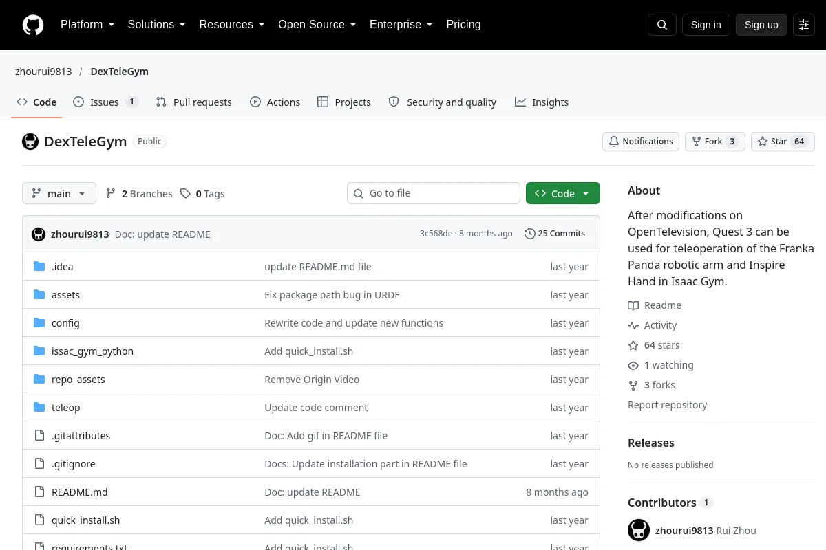 DexTeleGym · zhourui9813 resource page screenshot